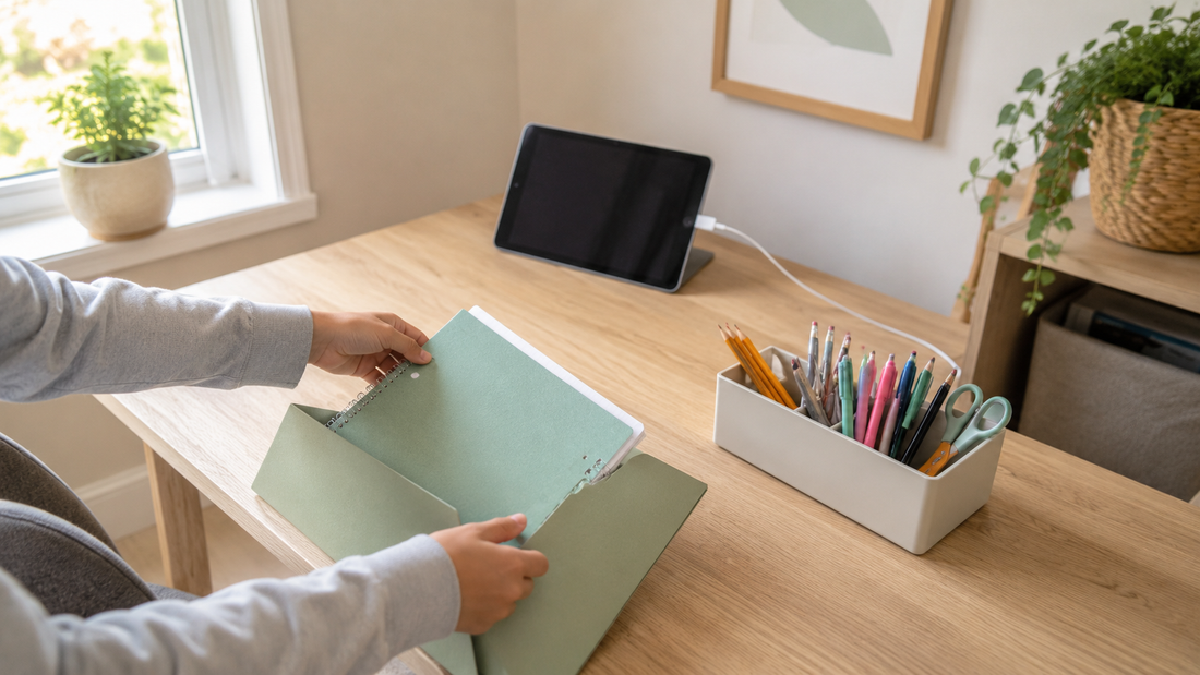 Child’s hands resetting a simple homework desk with pens, folder, notebook, and tablet cable.