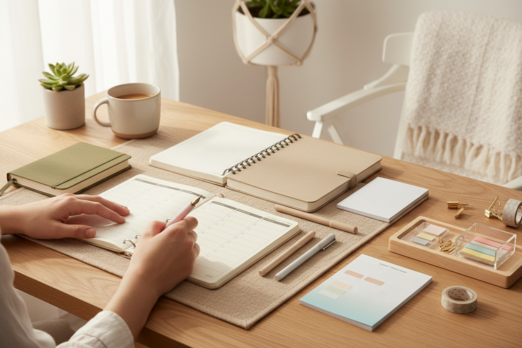 Organized Deskery planner and notebook setup with weekly planner, journal, to-do pad, habit tracker, pens, and planner accessories
