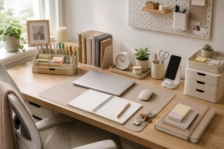 A clean desk with organizers, writing supplies, notebooks, planners, sticky notes, cable accessories, and desk essentials for everyday work and study