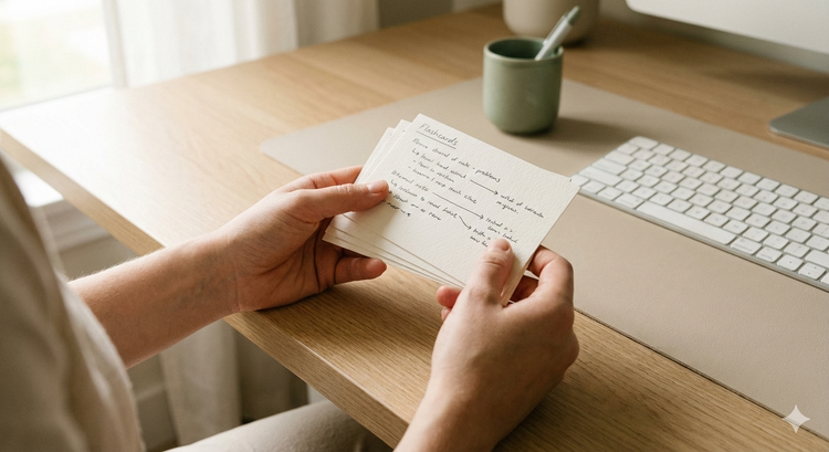 Hands holding flashcards while studying at a minimalist desk