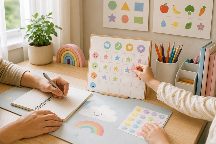 Kids learning desk setup with reward chart, stickers, learning posters, desk organizer, notebook, and school supplies