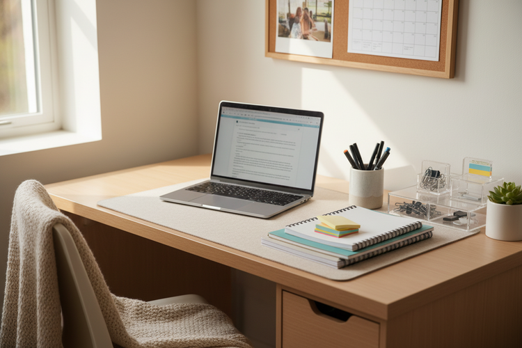 A compact college study desk with notebooks, pens, sticky notes, and organizers for a dorm-friendly study routine