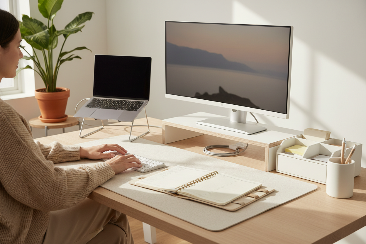 A clean desk setup with a laptop, desk mat, keyboard, notebook, planner, pen holder, cable organizers, and desktop accessories for everyday work and study