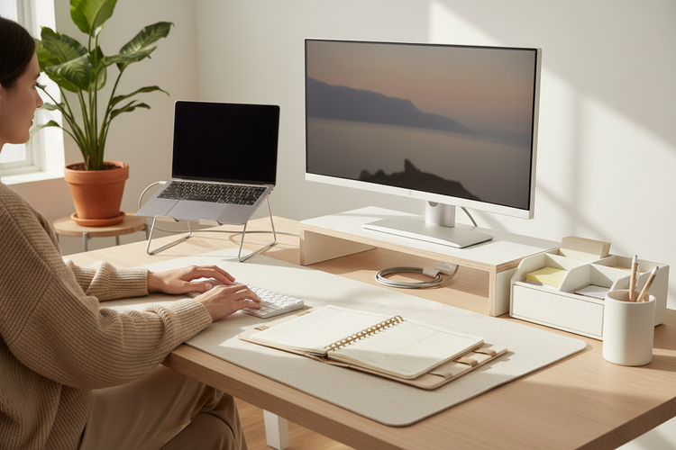 A clean desk setup with a laptop, desk mat, keyboard, notebook, planner, pen holder, cable organizers, and desktop accessories for everyday work and study