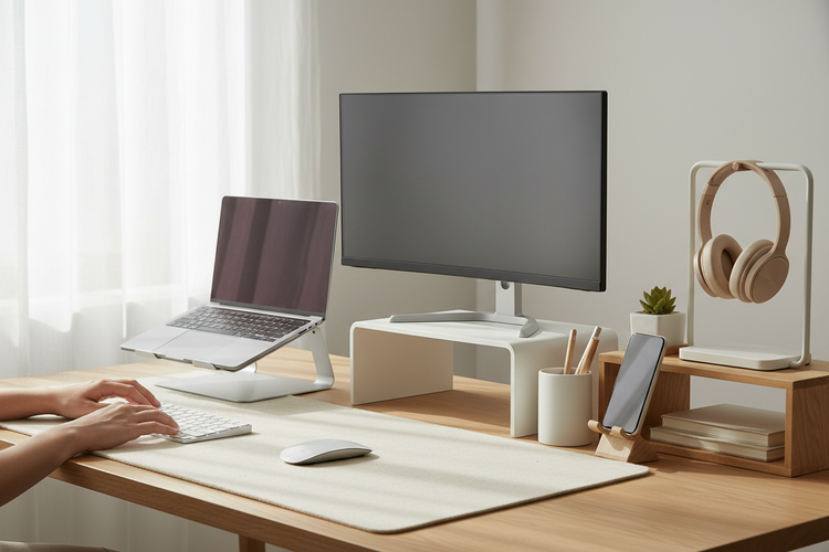 Organized Deskery desk accessories setup with desk mat, monitor stand, laptop stand, pen holder, and phone stand