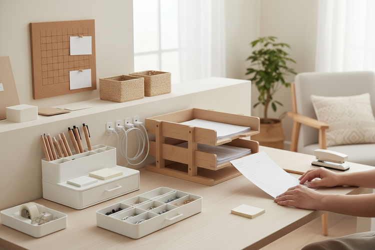 Organized Deskery workspace with desktop organizer, cable management tools, file tray, storage boxes, and stationery