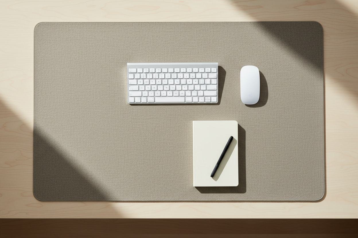 Neutral minimalist desk mat on a clean wooden desk setup with monitor and organized workspace accessories