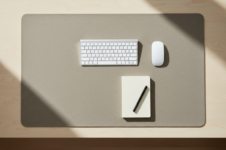Neutral minimalist desk mat on a clean wooden desk setup with monitor and organized workspace accessories