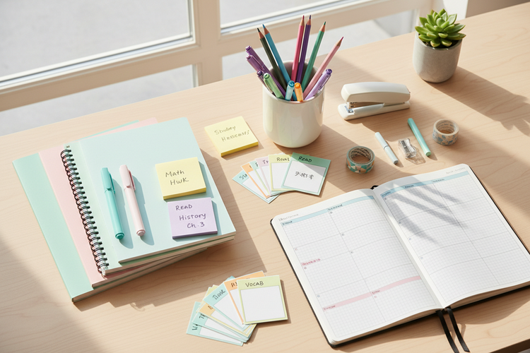 A clean study desk with notebooks, pens, pencils, highlighters, sticky notes, flashcards, planners, and school supplies for everyday learning