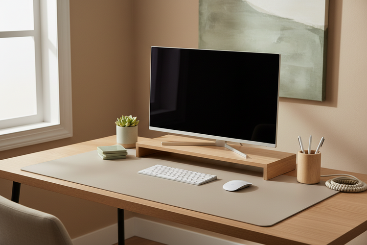 Minimal wooden monitor stand elevating a slim monitor in a clean and organized home office desk setup
