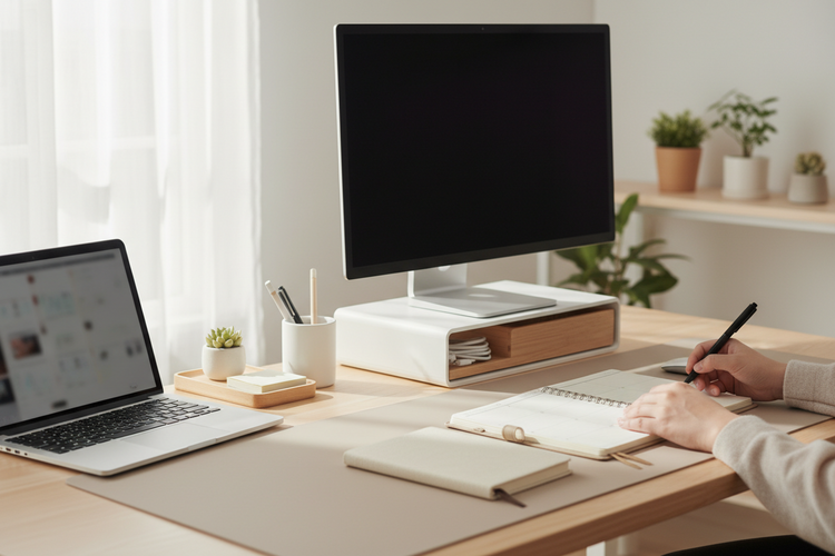 Organized Deskery desk setup with stationery, planner, organizer, and work essentials