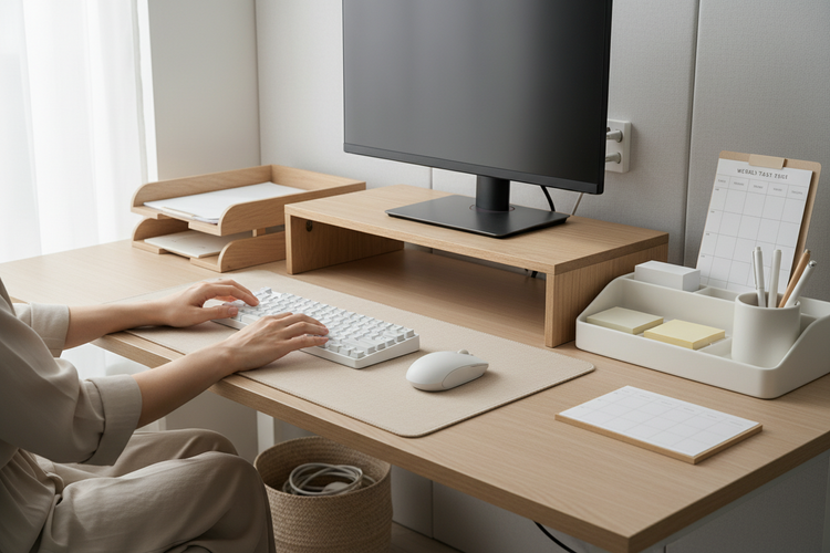 Home office starter desk setup with monitor stand, desk mat, desktop organizer, task pad, pen holder, and cable organizer