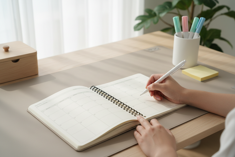 Minimal study desk setup with desk mat, weekly planner, highlighters, pen holder, notebook, and cable organizer