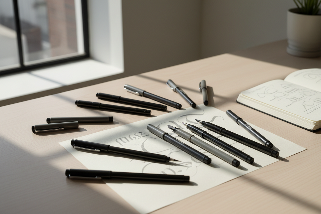Fineliners and brush pens arranged on a clean desk with sketch and lettering details