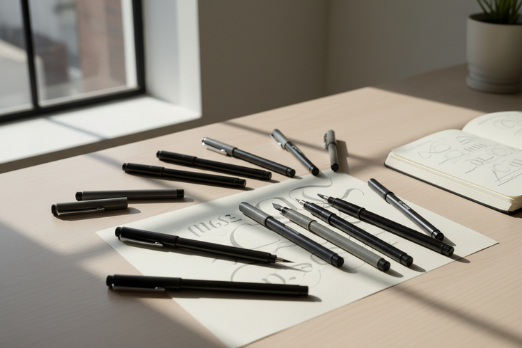 Fineliners and brush pens arranged on a clean desk with sketch and lettering details