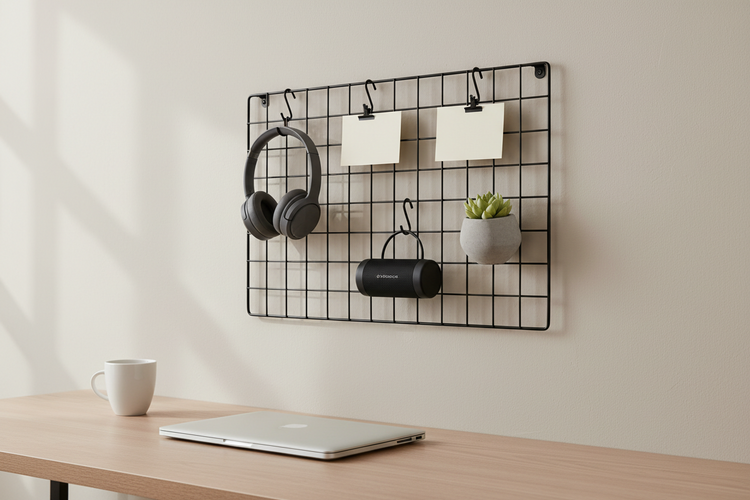 Minimal wall grid panel with hooks organizing accessories above a modern desk
