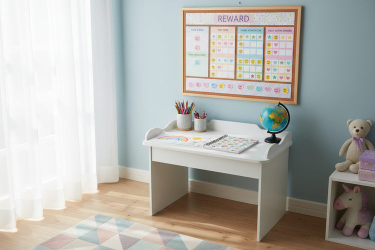 Kids reward chart with colorful stickers in a bright learning space