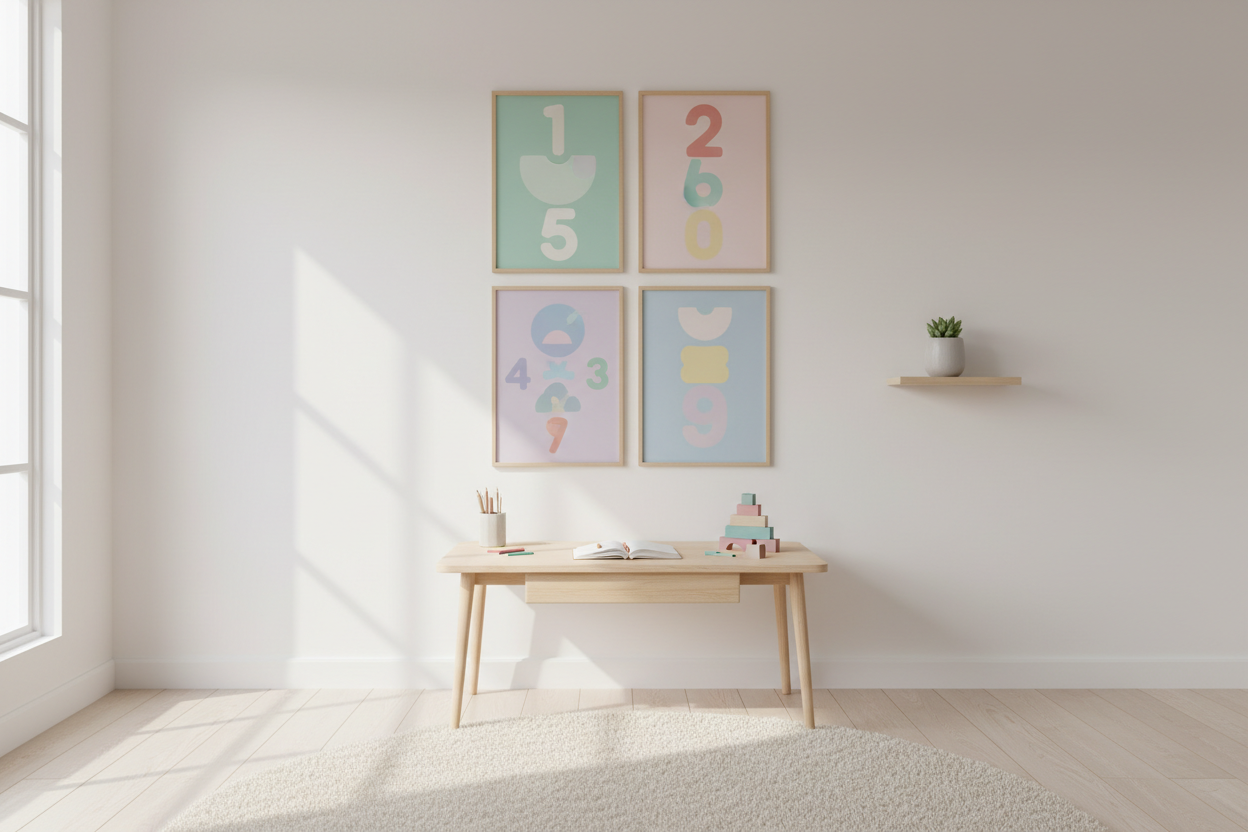 Educational learning posters displayed in a bright kids study room