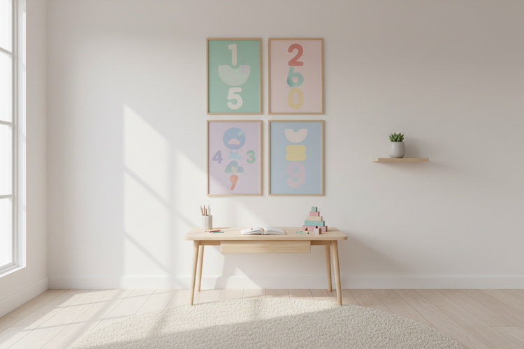Educational learning posters displayed in a bright kids study room