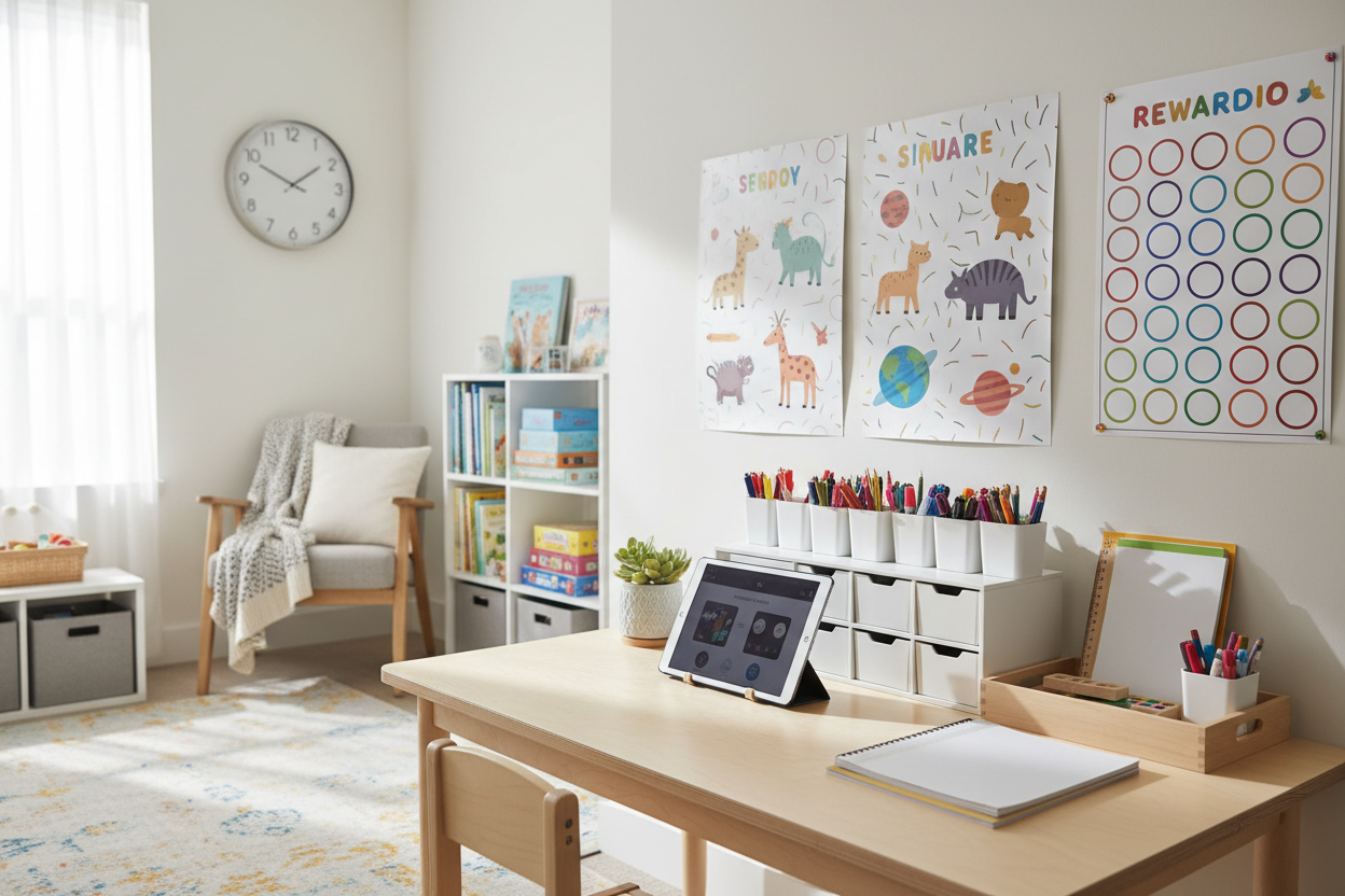 Organized K-12 home learning desk with posters and study tools