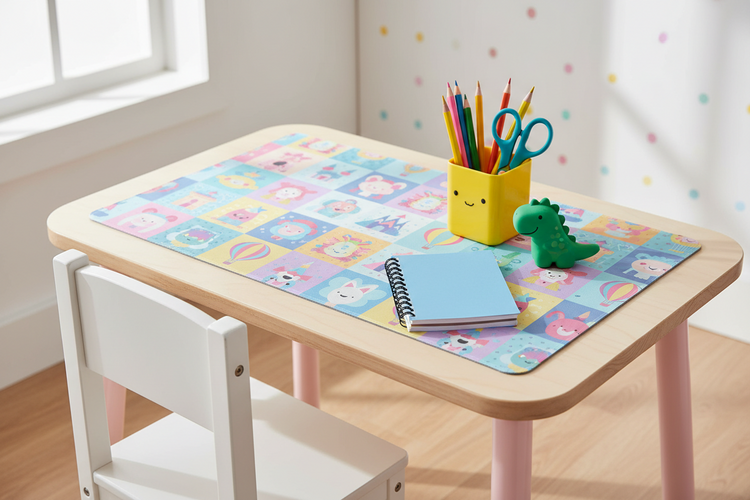 Colorful kids desk mat in a bright child study setup