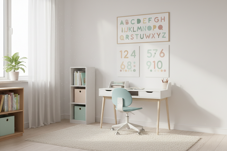 Alphabet and numbers posters displayed on a wall in a bright kids study room