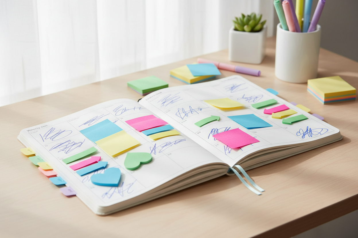 Colorful sticky notes and page tabs arranged on a planner and notebook