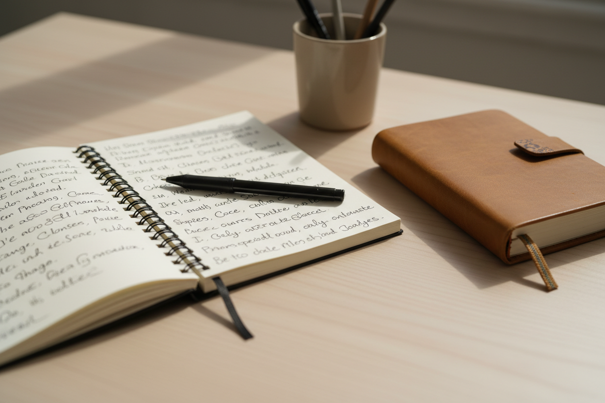 Open notebook and journal on a clean minimalist desk