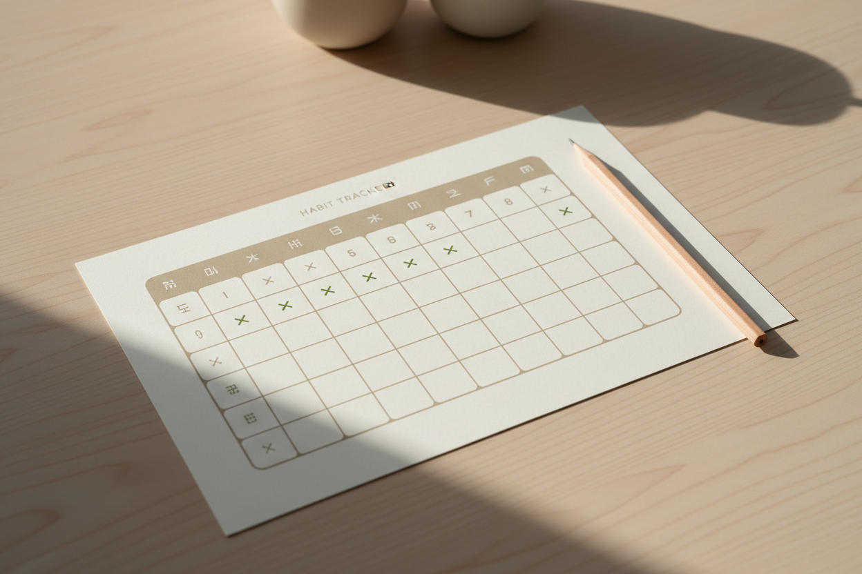 Minimal habit tracker sheet with marked boxes on a clean modern desk