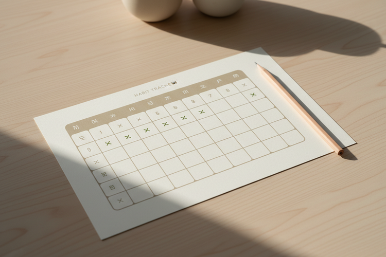 Minimal habit tracker sheet with marked boxes on a clean modern desk