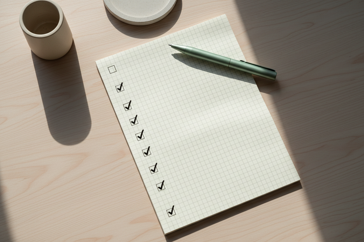 Minimal to-do pad with checked tasks on a clean modern desk