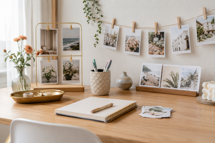 Minimal desk corner with small decor and photo holder in soft natural light