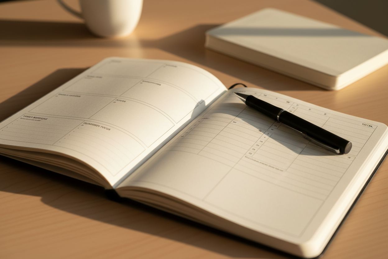 Undated goal planner open on a minimalist desk with warm natural light