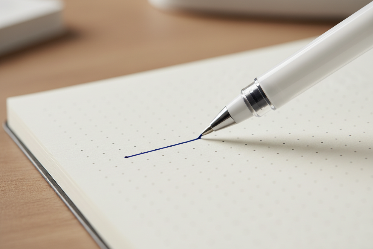 Minimal gel pen writing smoothly on a planner page in a modern desk setup