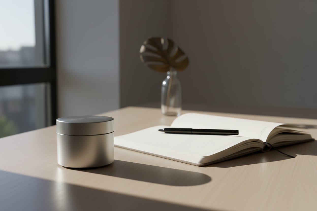 Minimal desk timer beside an open notebook in a focused workspace