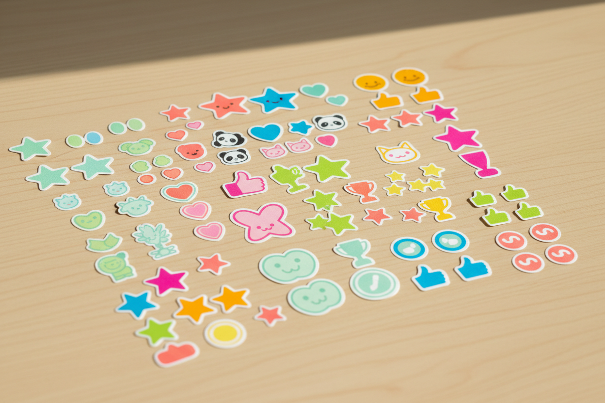 Colorful fun and reward stickers arranged on a bright desk surface