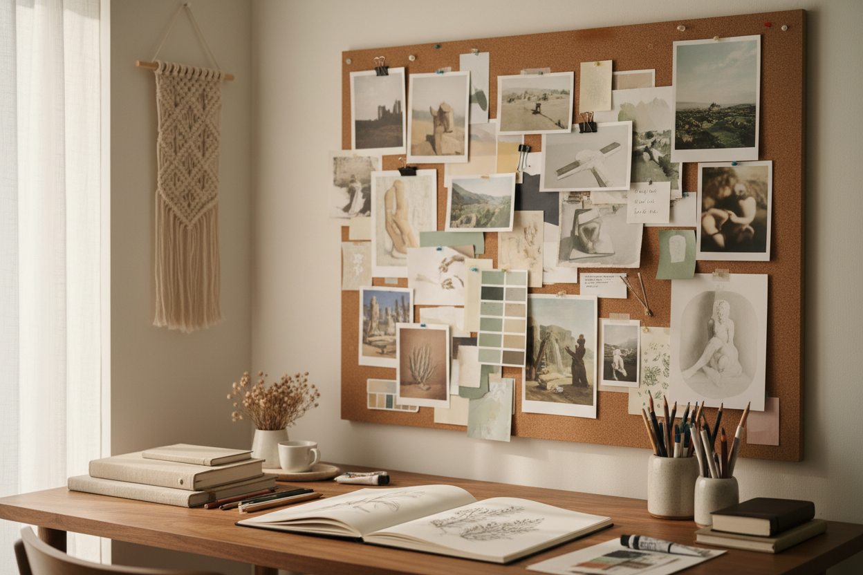 Mood board with photos, notes, and color inspiration pinned on a creative workspace board.