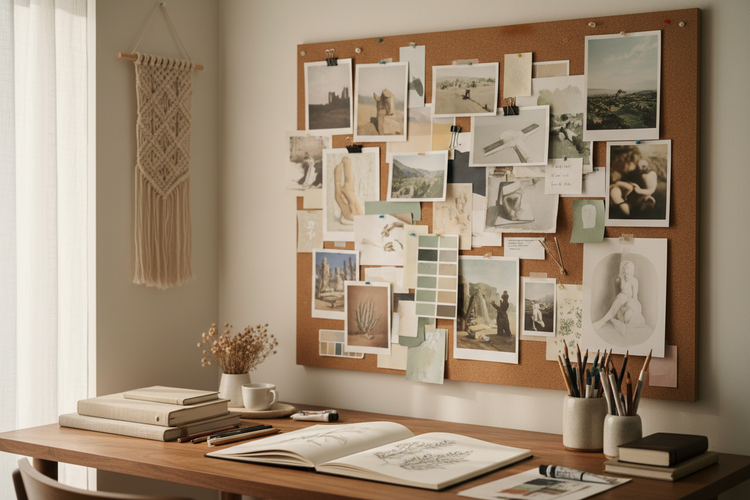 Mood board with photos, notes, and color inspiration pinned on a creative workspace board.