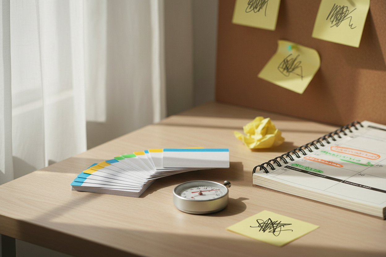 Organized exam study tools with flashcards and highlighted notes