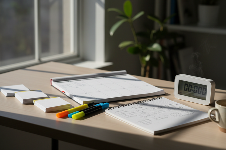 Organized study desk with exam preparation tools and planner