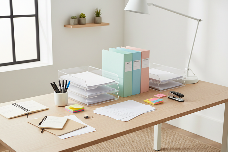 A clean desk setup with file and paper trays, folders, notebooks, papers, pens, and sticky notes for everyday paper organization