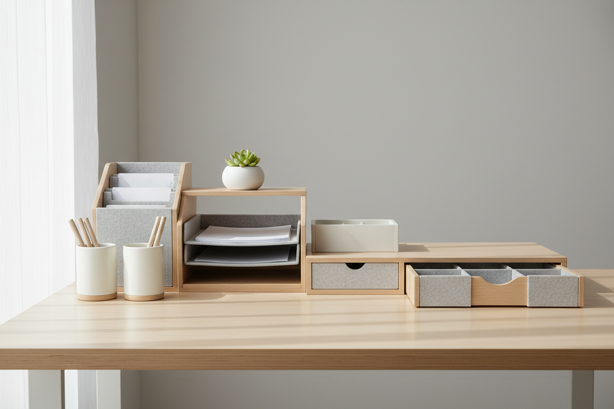 Modern desktop organizers arranged neatly on a clean desk