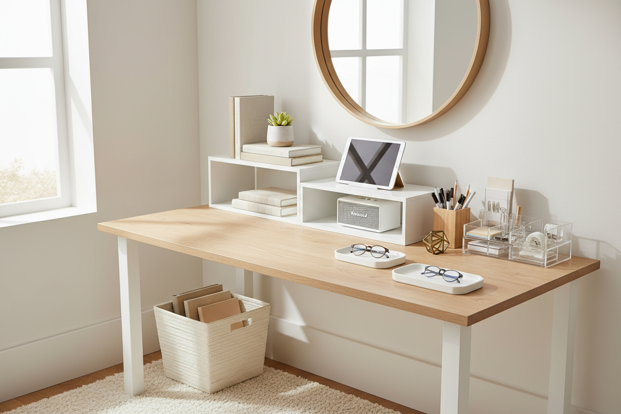 A clean desk setup with desktop shelves, books, notebooks, pens, organizers, and desk accessories for everyday workspace storage