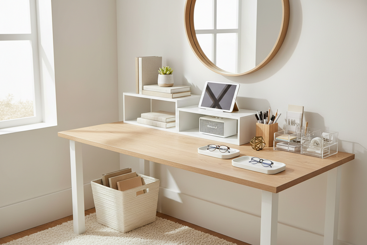 A clean desk setup with desktop shelves, books, notebooks, pens, organizers, and desk accessories for everyday workspace storage