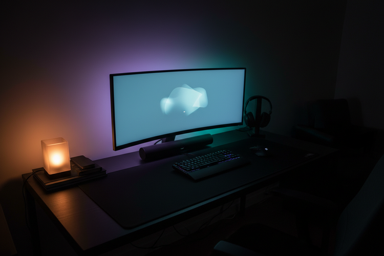 Dark modern desk setup with black accessories and moody lighting