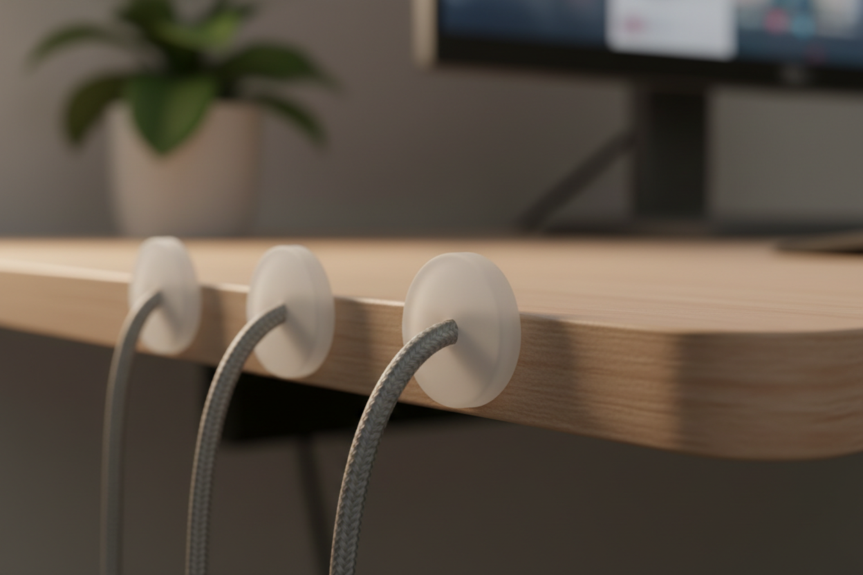 Minimal cable clips and sleeves organizing charging wires on a clean wooden desk