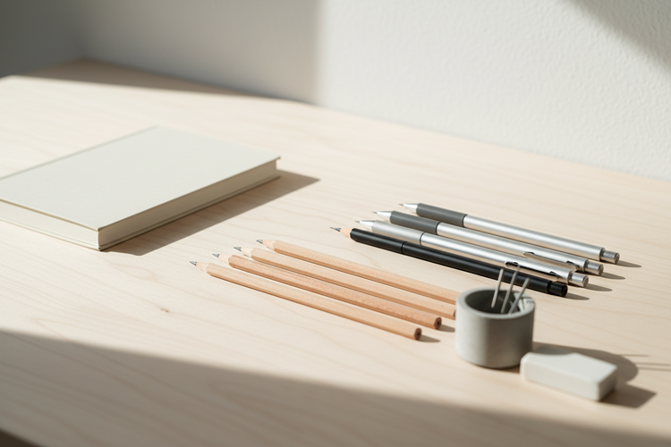 Wooden and mechanical pencils arranged on a clean minimalist desk