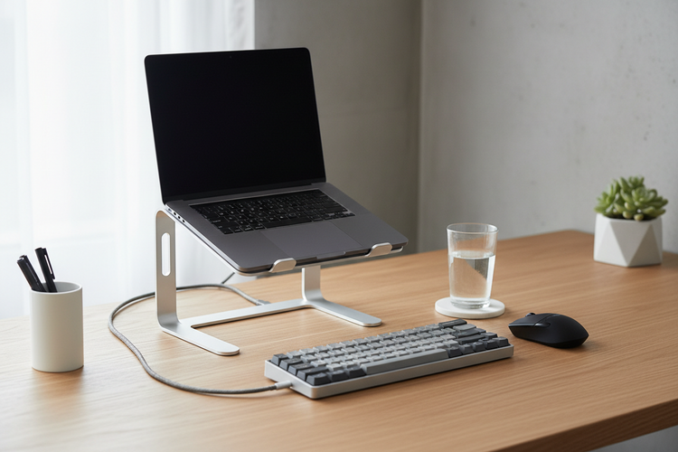 Ergonomic aluminum laptop stand elevating a laptop on a modern desk
