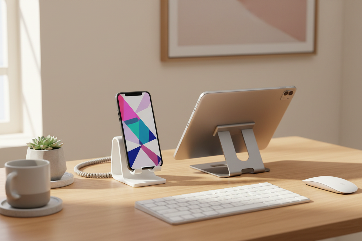 Phone and tablet stands holding devices on a clean modern desk