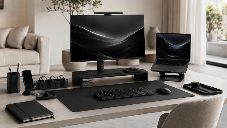 Matte black desk accessories in a modern dark workspace
